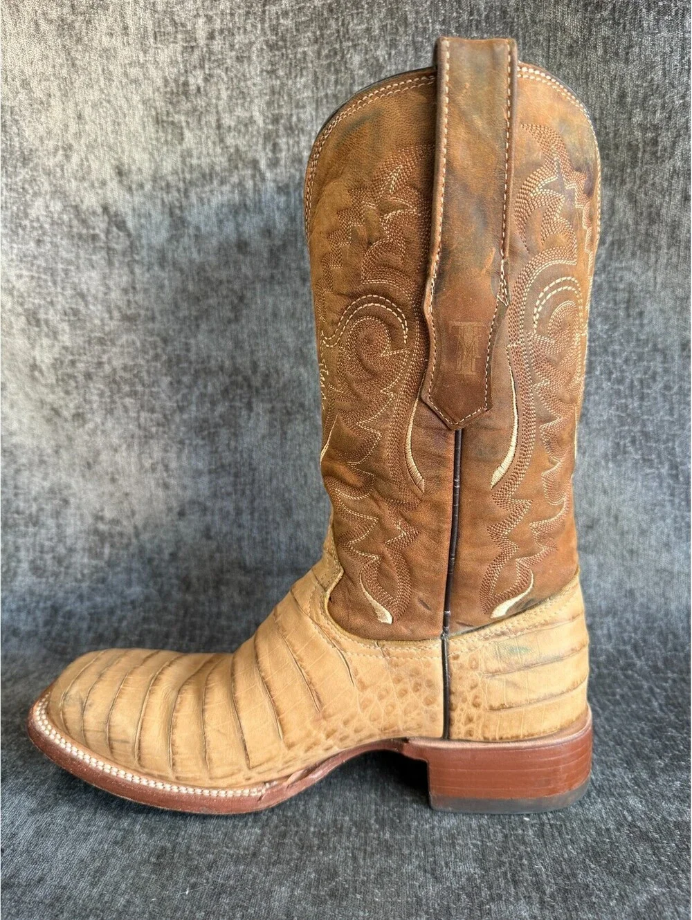 Tanner Mark Mens Cowboy Boots Size 7 Caiman Tail Print Tan Leather Square Toe